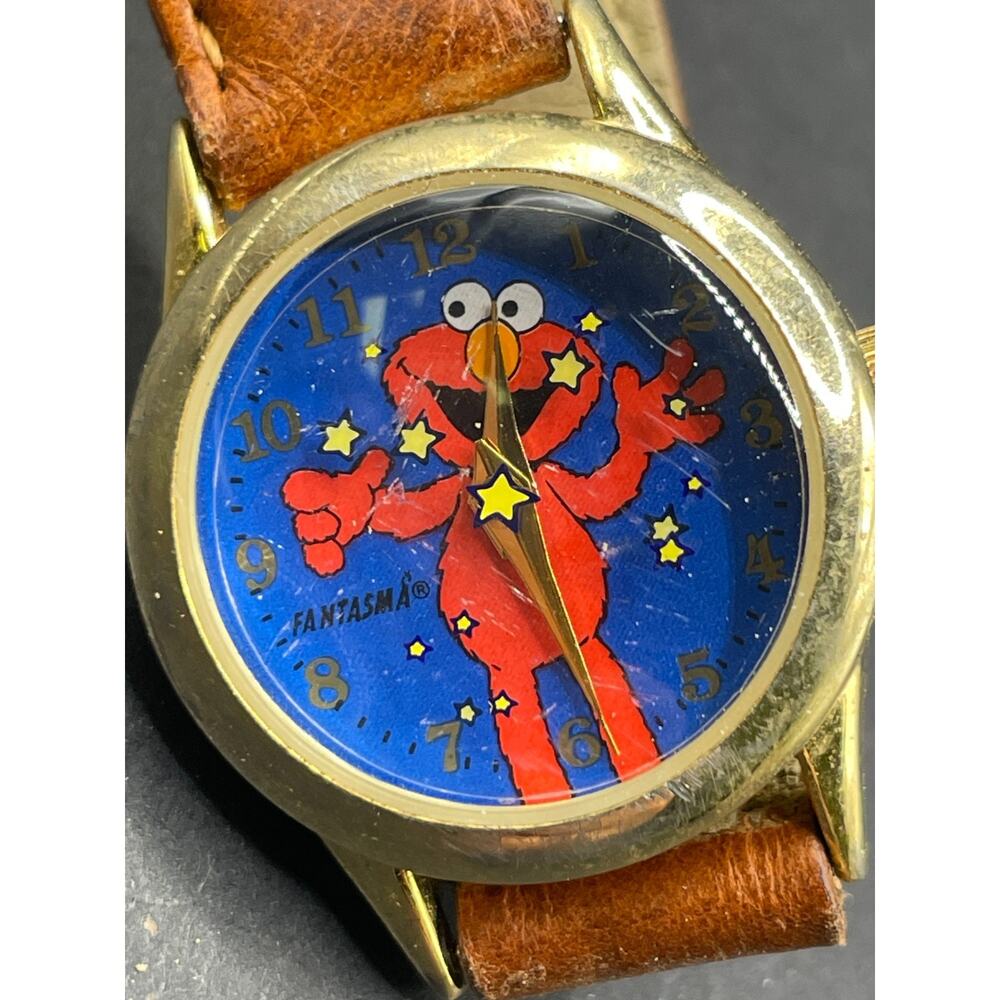 Vintage 1990’s Fantasma Sesame Street Elmo Watch Brown Leather Band 27mm